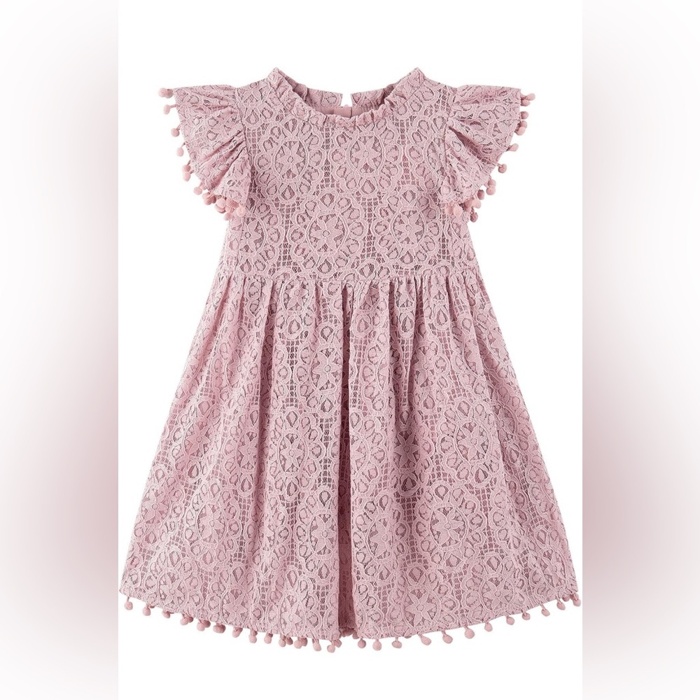 Toddler Girls Pink Lace Pom Pom Flutter Sleeve Party Dress, size 130
